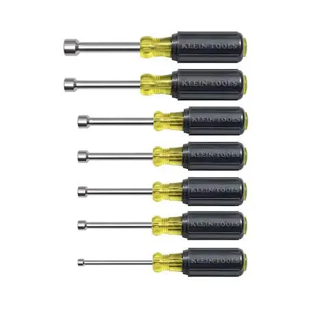 Seven magnetic nut drivers with cushioned handles in a storage rack