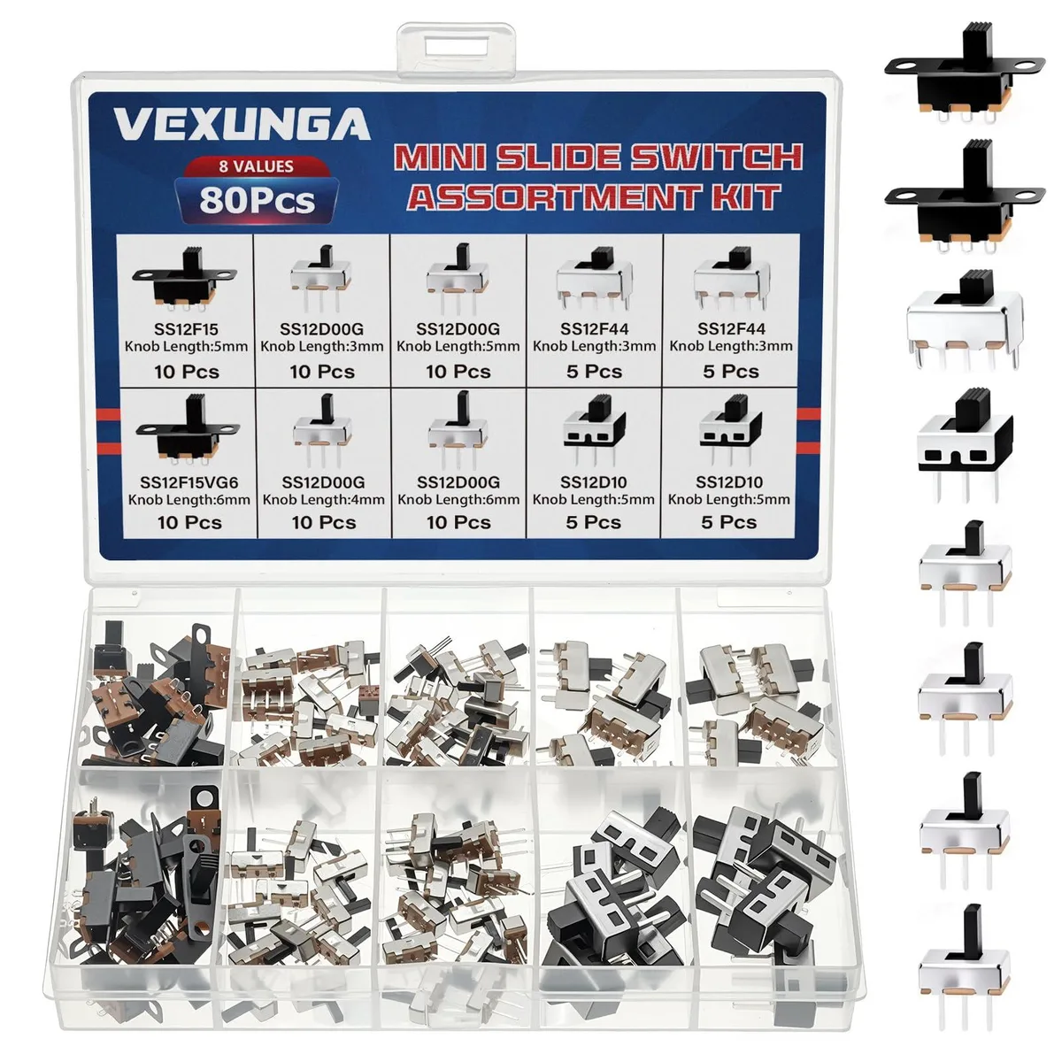 Clear plastic compartment box holding eighty tiny vertical slide switches with coloured knobs