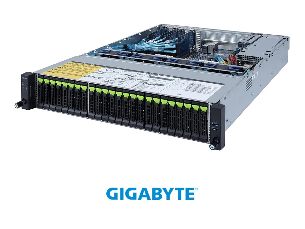 GIGABYTE GIGABYTE R272-Z34 2U barebone server 24 NVMe bays 16 DDR4 slots 2×1200W PSU — product photo