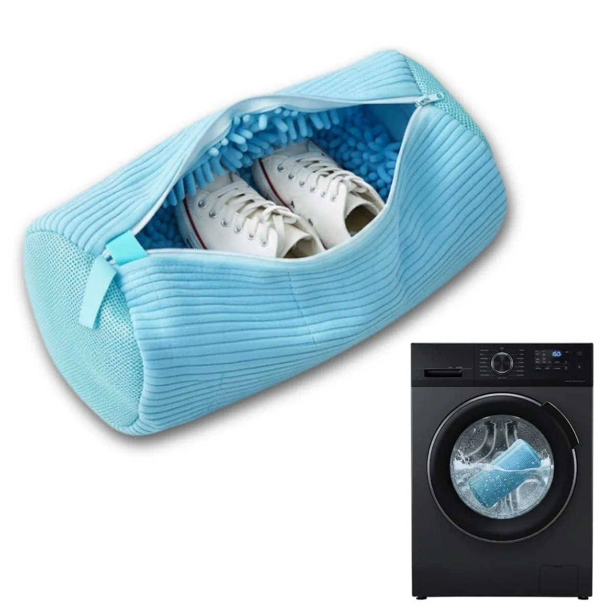 Blue mesh shoe washing bag with two shoe trees and a cleaning brush