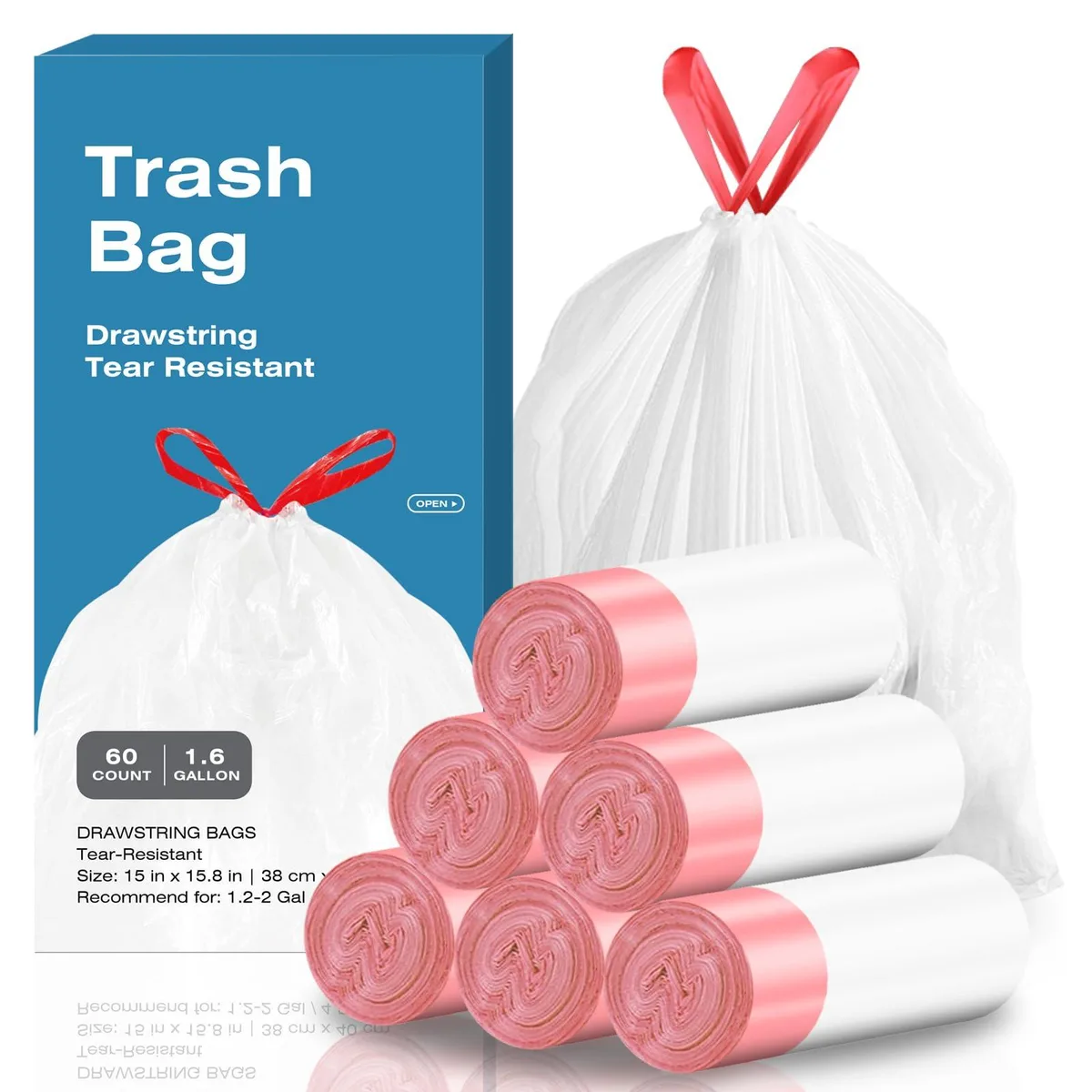1.6 Gallon Drawstring Trash Bags 60 Count — product photo