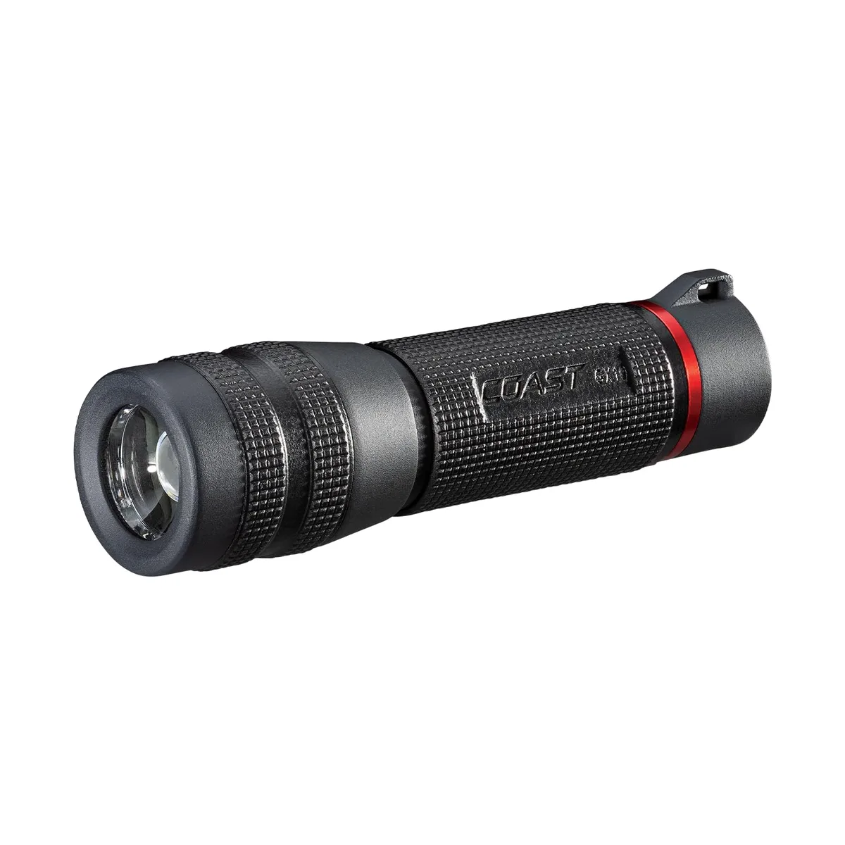 Compact polymer flashlight with rubber grip texture and twist-focus bezel