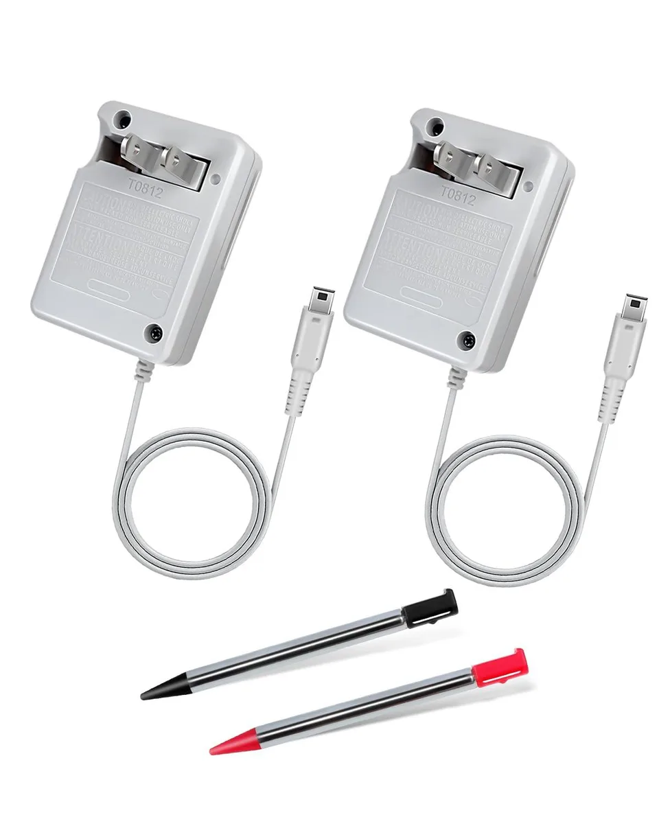 Two compact AC adapters with foldable plugs, 3.8 ft cables, and two retractable stylus pens