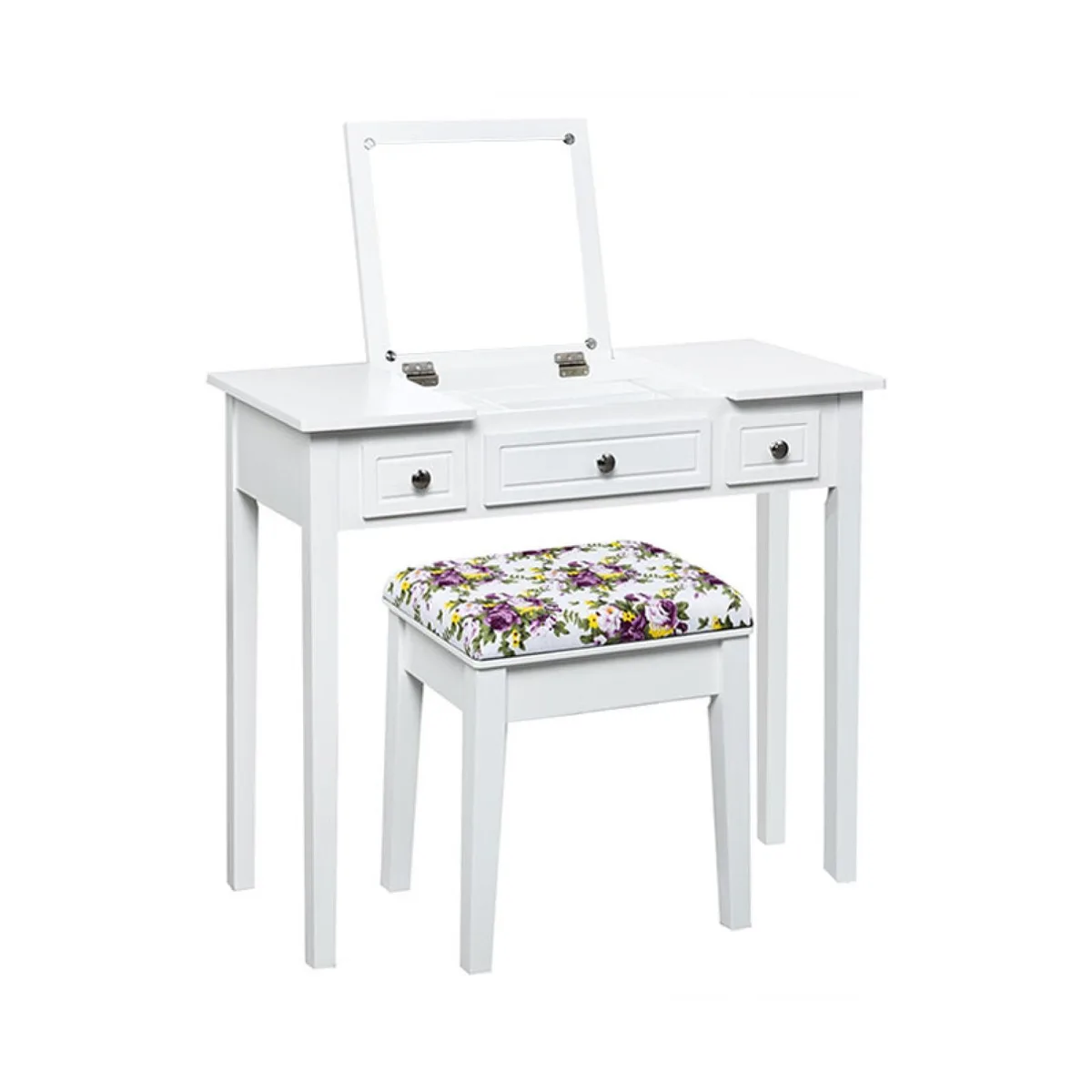 White vanity table with flip mirror, three drawers, storage box and cushioned stool
