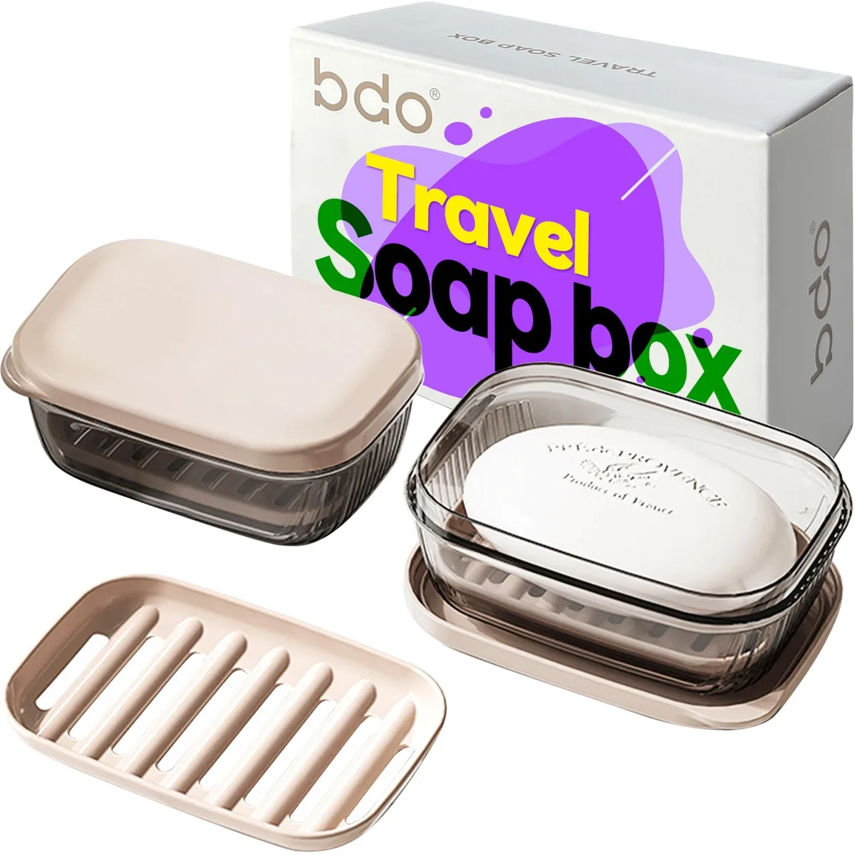 Clear plastic rectangular soap case with snap-lock lid and removable drainage tray