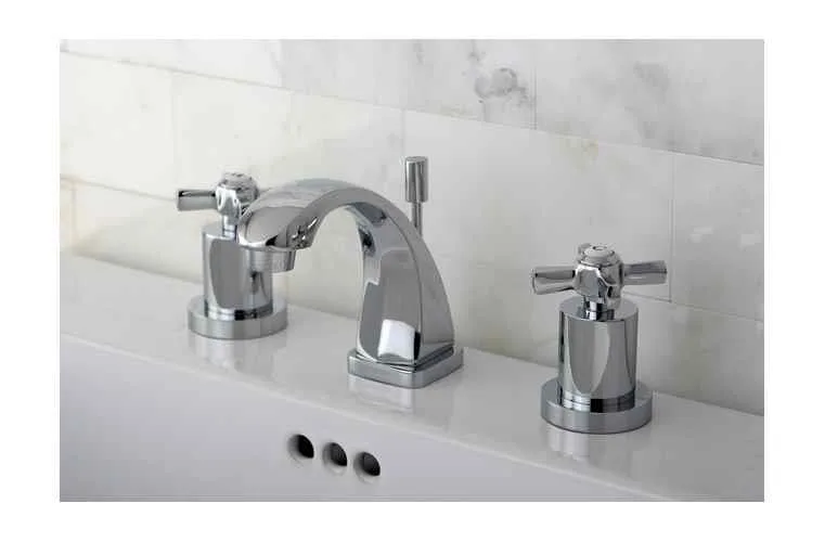 Polished chrome mini widespread faucet with cylindrical base and C spout