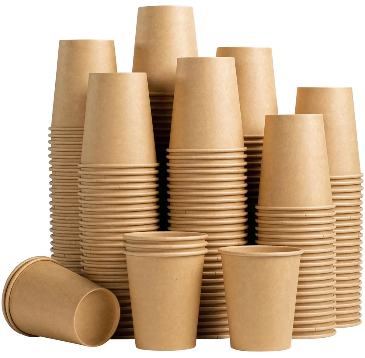 Pack of 200 brown 8 oz kraft paper cups with rolled rims