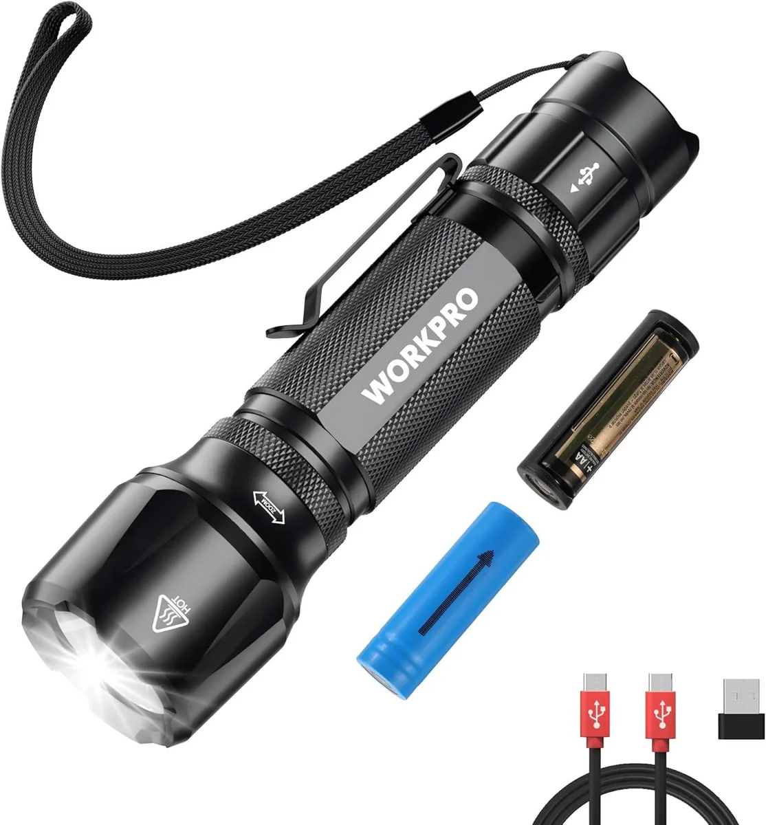 Compact aluminium tactical flashlight with pocket clip and lanyard, zoomable head, USB-C charging port and battery indicator