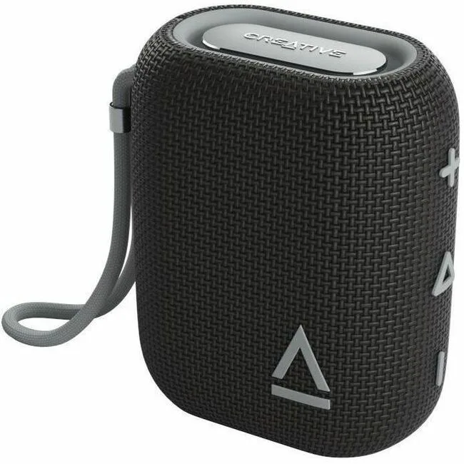 Compact black rectangular portable speaker with rounded edges and fabric grille