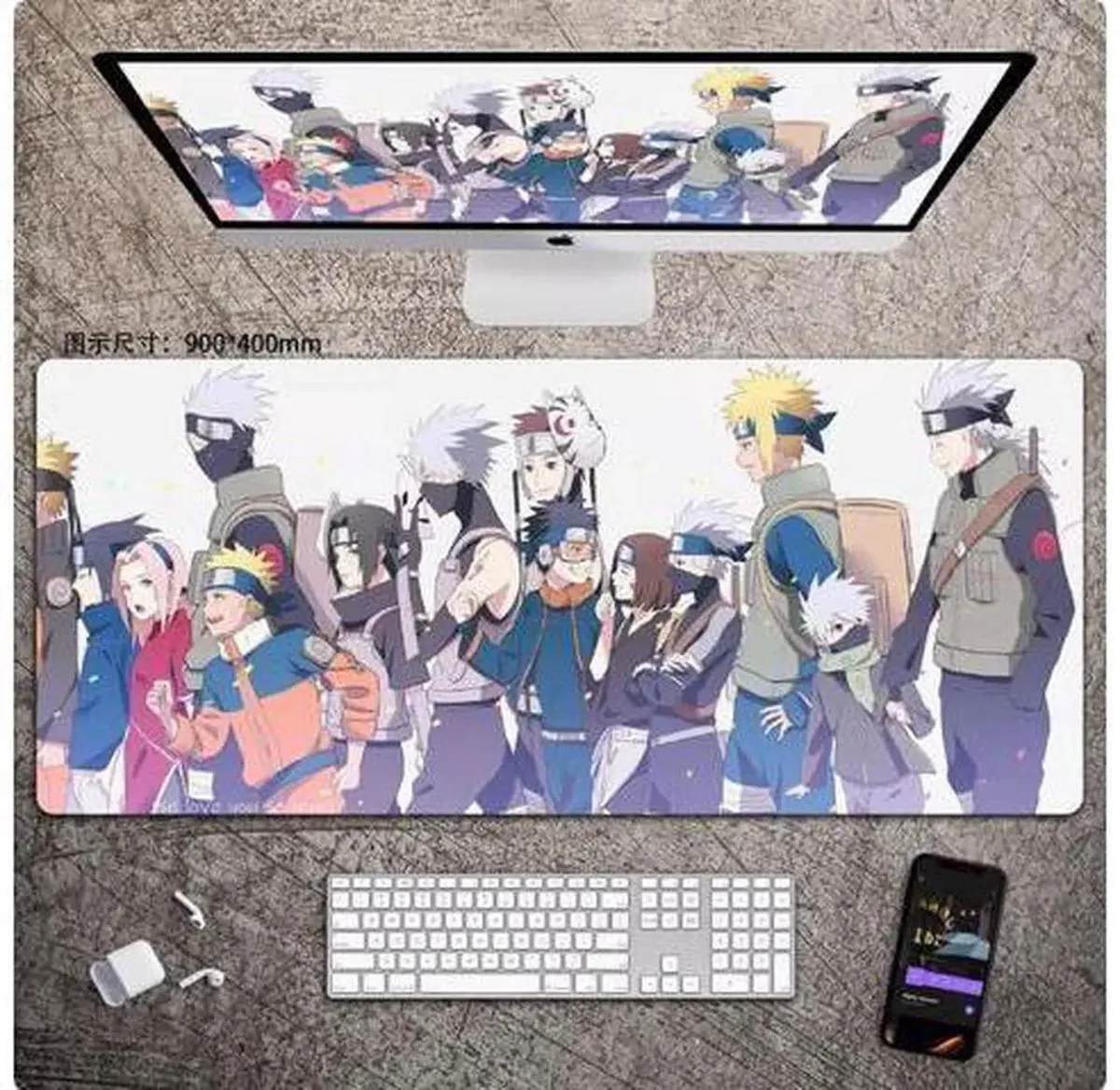Large rectangular Naruto-themed mouse pad with stitched edges and rubber base