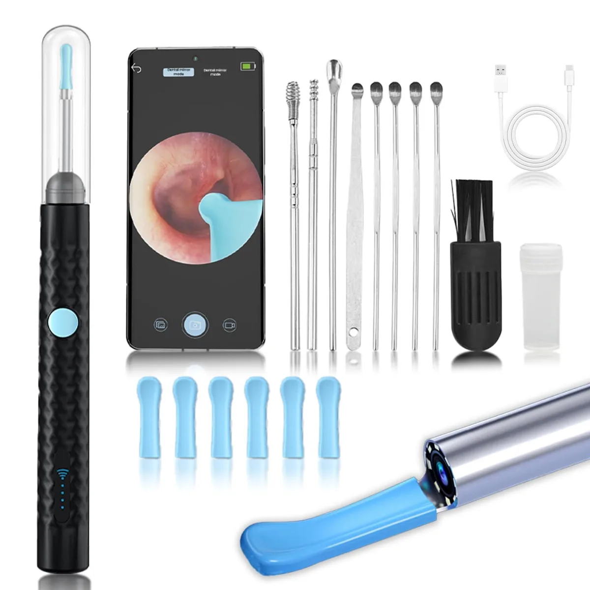 Black ear cleaner with HD camera and 14 accessories