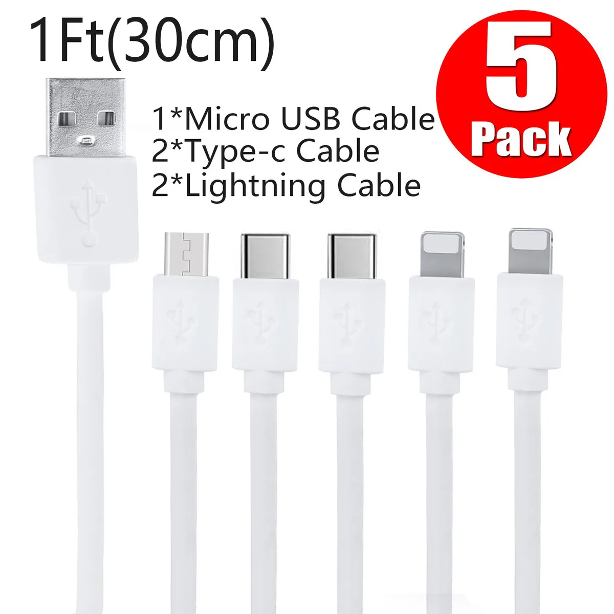 Pezin &amp; Hulin Pezin &amp; Hulin USB-A to Lightning / USB-C / Micro-USB 1 ft 5-pack white — product photo