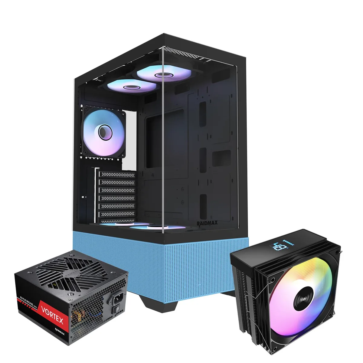 Raidmax Raidmax i802 Vibe Blue Bundle PC Case 700W PSU AM1204 Cooler 5 FRGB Fans — product photo