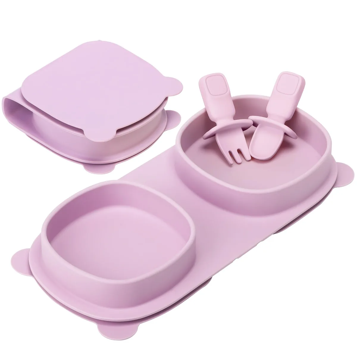 Purple foldable silicone plate set with suction base and mini cutlery