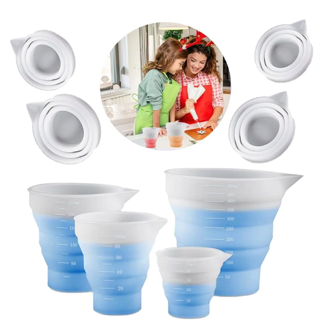 Four transparent silicone cups with pointed spouts and foldable lids, sizes 50ml to 500ml