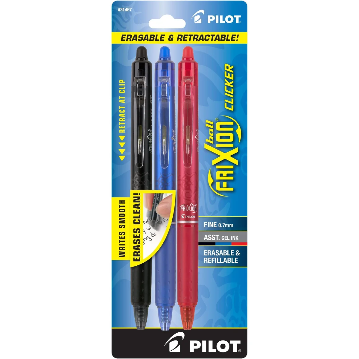 Three retractable rollerball pens in assorted colours with rubberised grips and click mechanisms