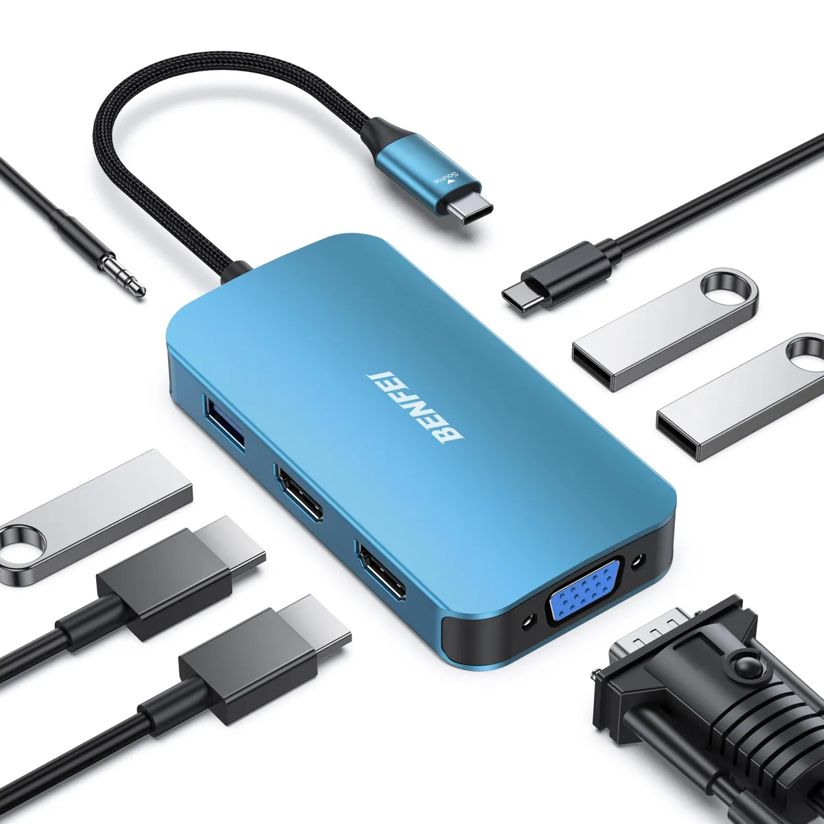 White rectangular USB-C hub with multiple ports and short cable