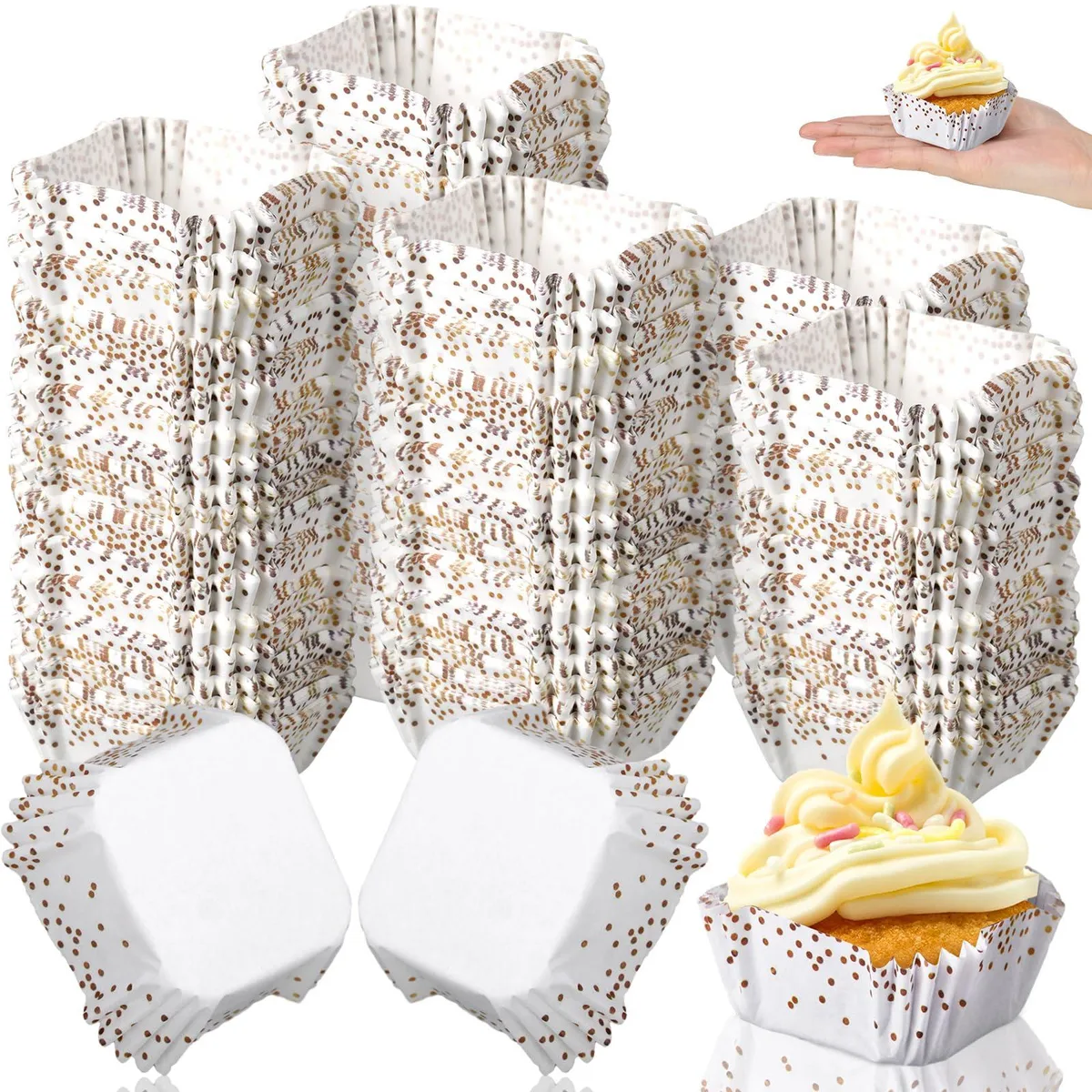 350 square mini cupcake liners in gold and white paper, 1.77 inch base