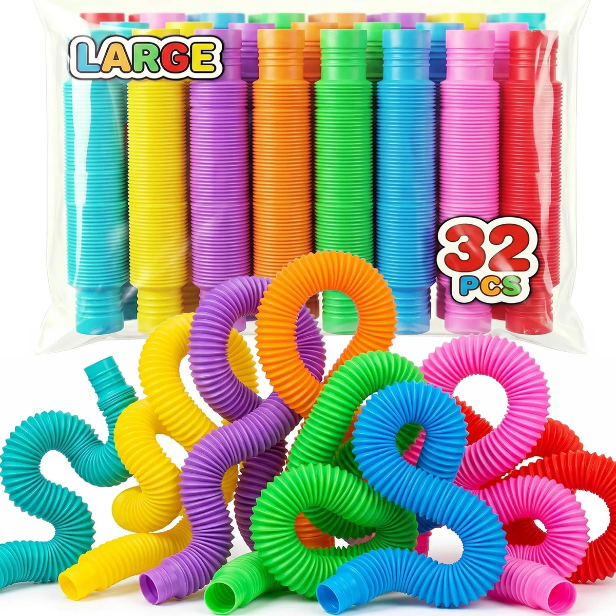 32 Pack Pop Tubes Sensory Toys 13x2cm to 46x2cm — product photo
