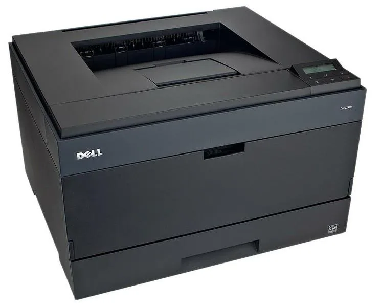 Rectangular grey office laser printer, front paper tray visible