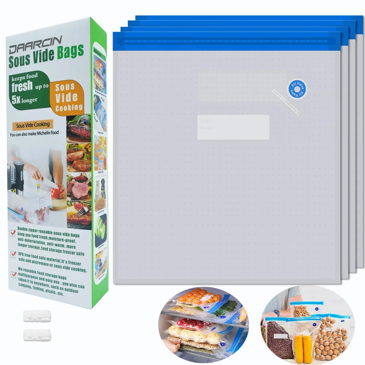 Pack of 15 large clear polyethylene sous vide bags with two sealing clips
