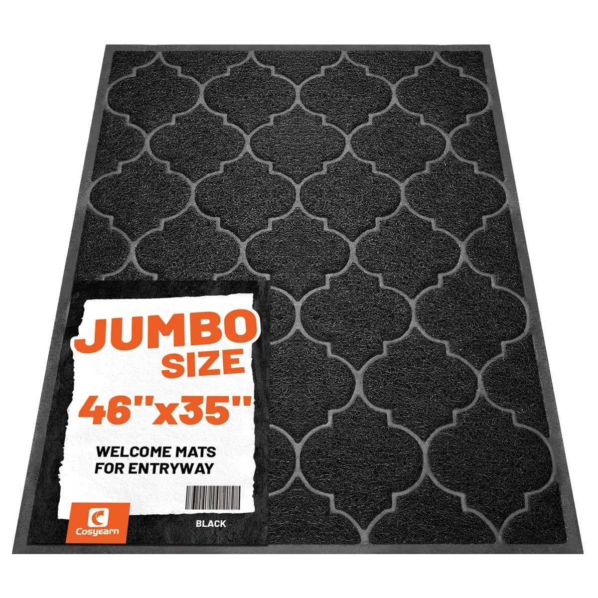 Black rectangular door mat with mesh texture and non-slip backing
