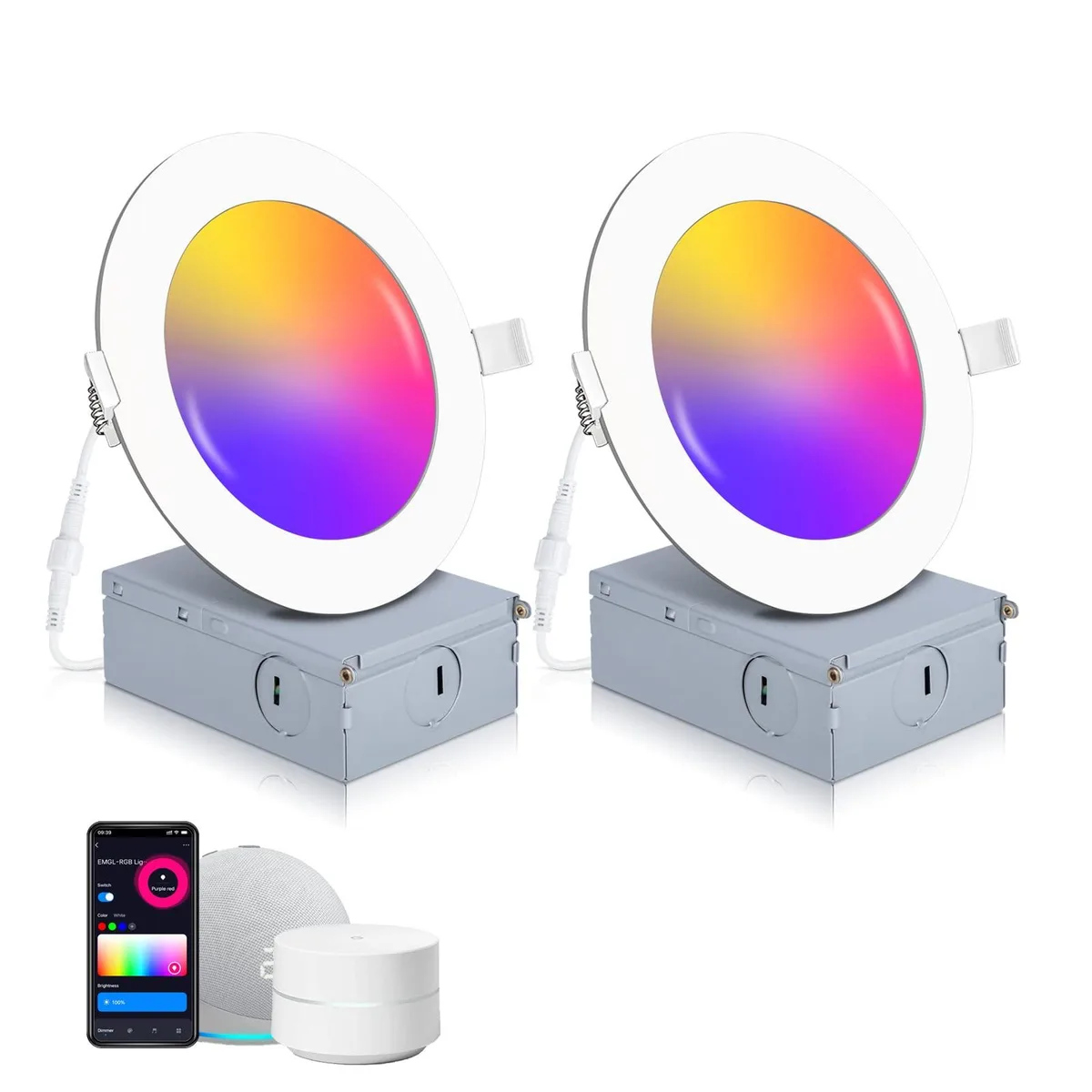 Two ultra-thin white 4-inch LED downlights with clear prismatic lenses, flush-mount design, 0.59 inch profile