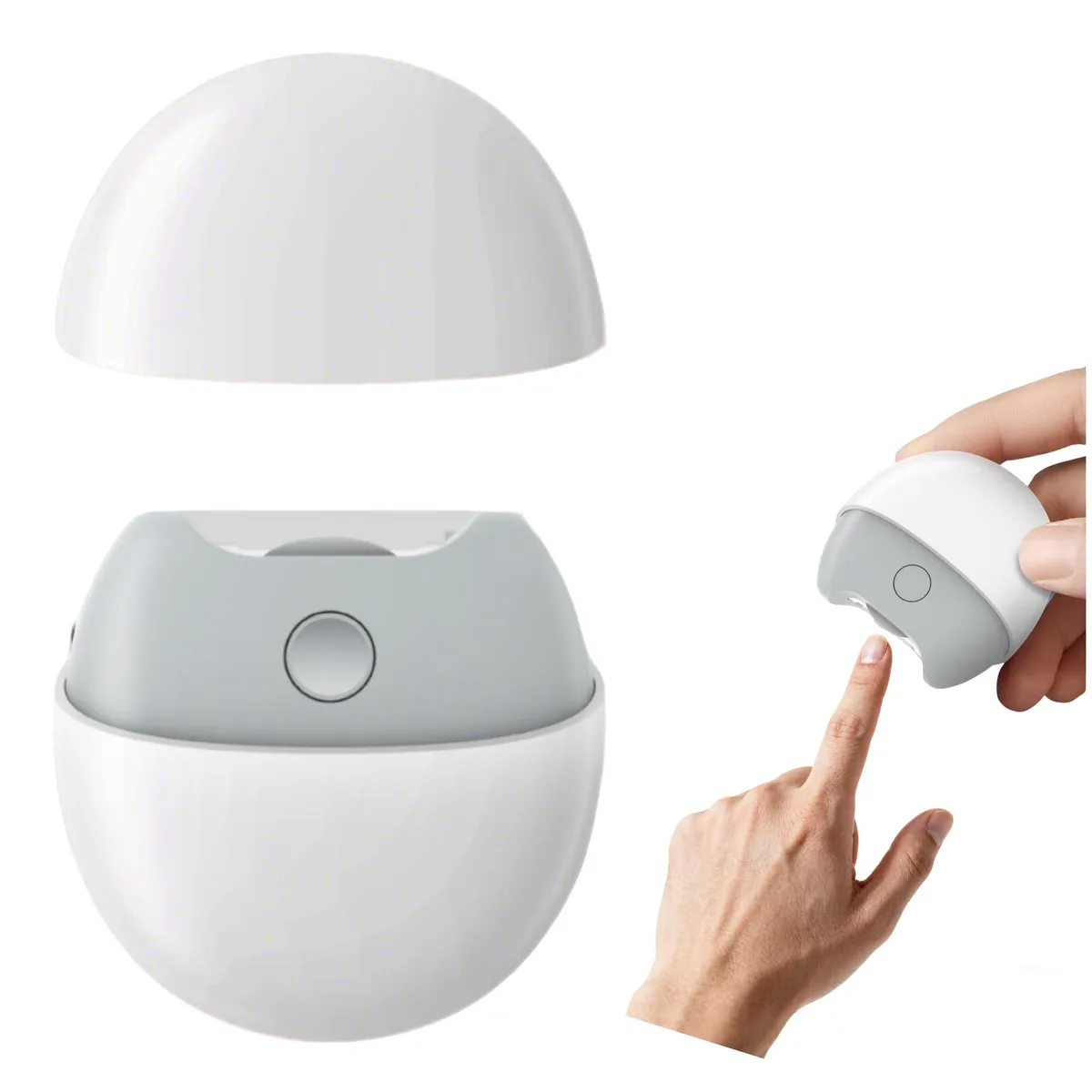 White electric nail trimmer with magnetic cover, compact oval shape, matte finish