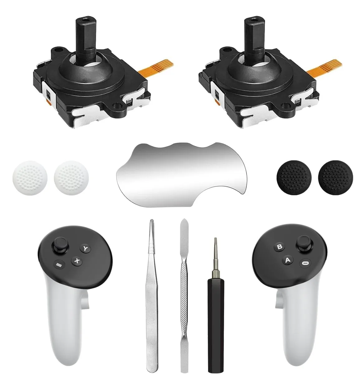 Small repair kit box with two thumb sticks, T5 screwdriver, tweezers, pry tool and four grips