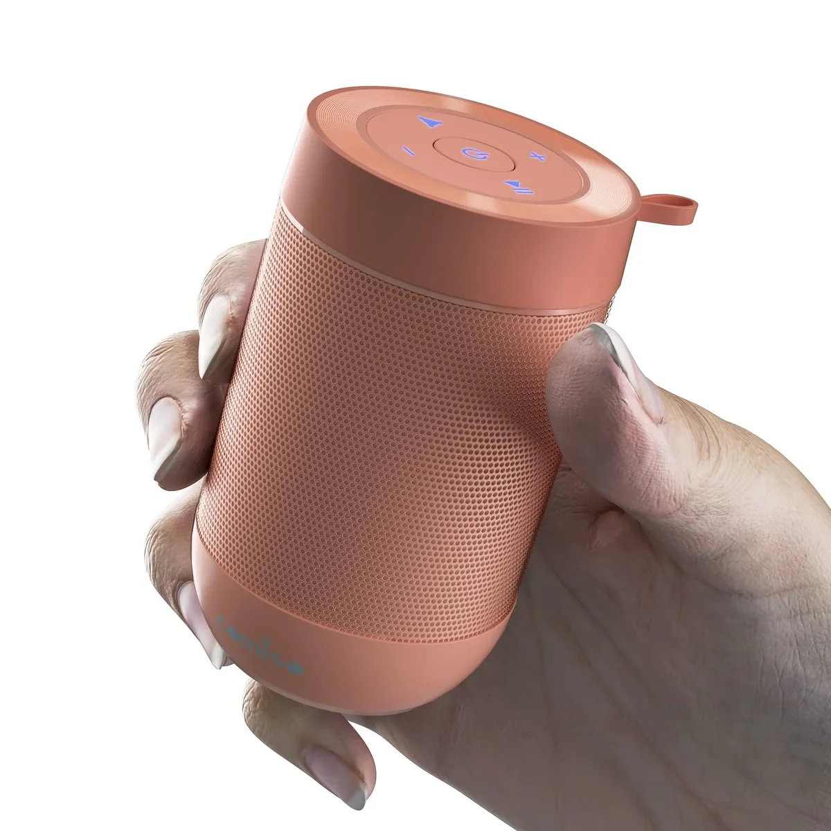 Pink cylindrical Bluetooth speaker 3.6 inches tall 2.2 inches diameter with detachable hook