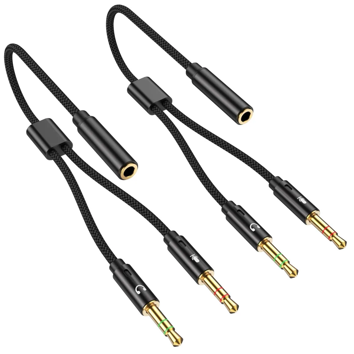 Two black braided splitter cables with gold 3.5mm plugs and a single female jack