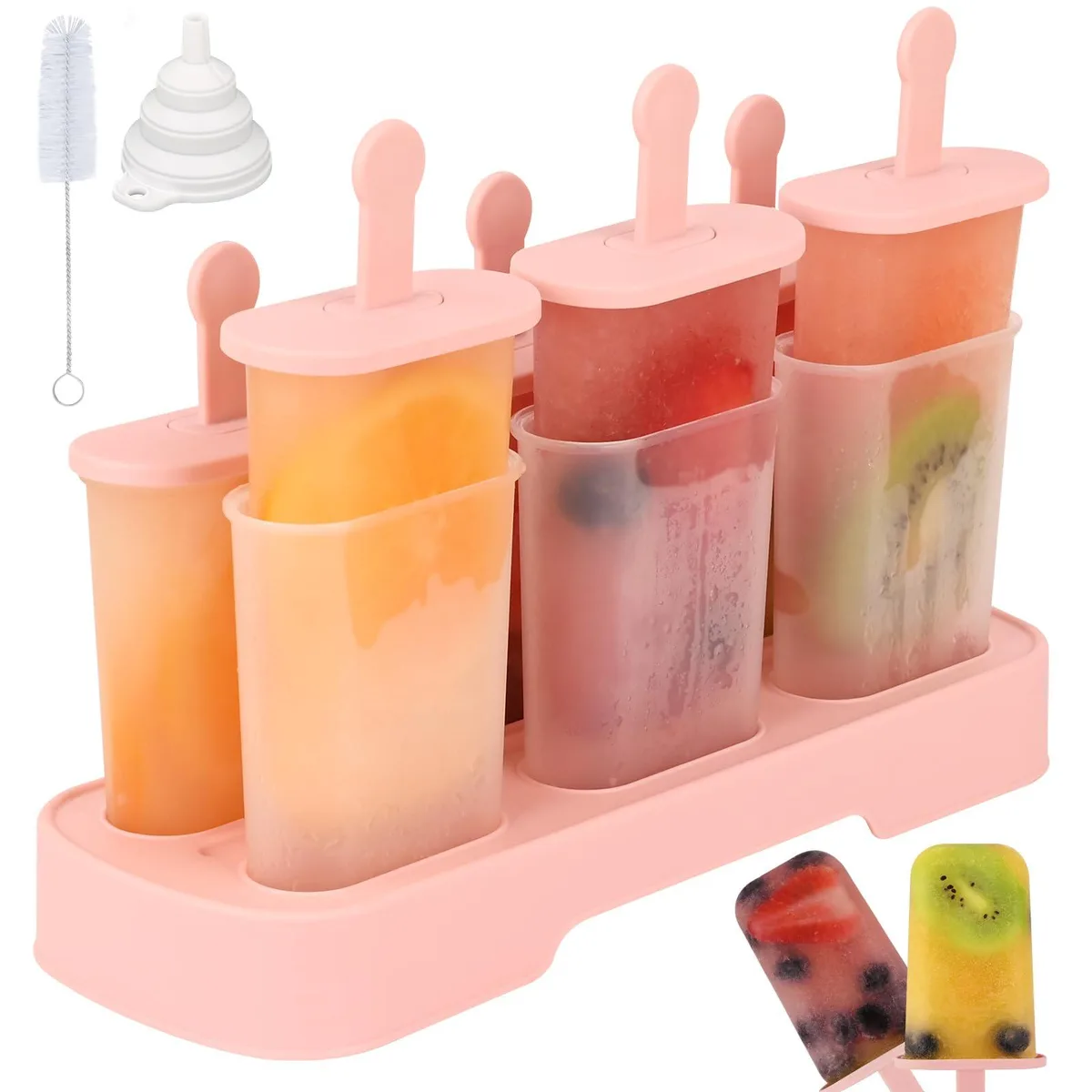 Pink plastic popsicle mould set with six individual moulds, base, sticks with drip guards, funnel and brush