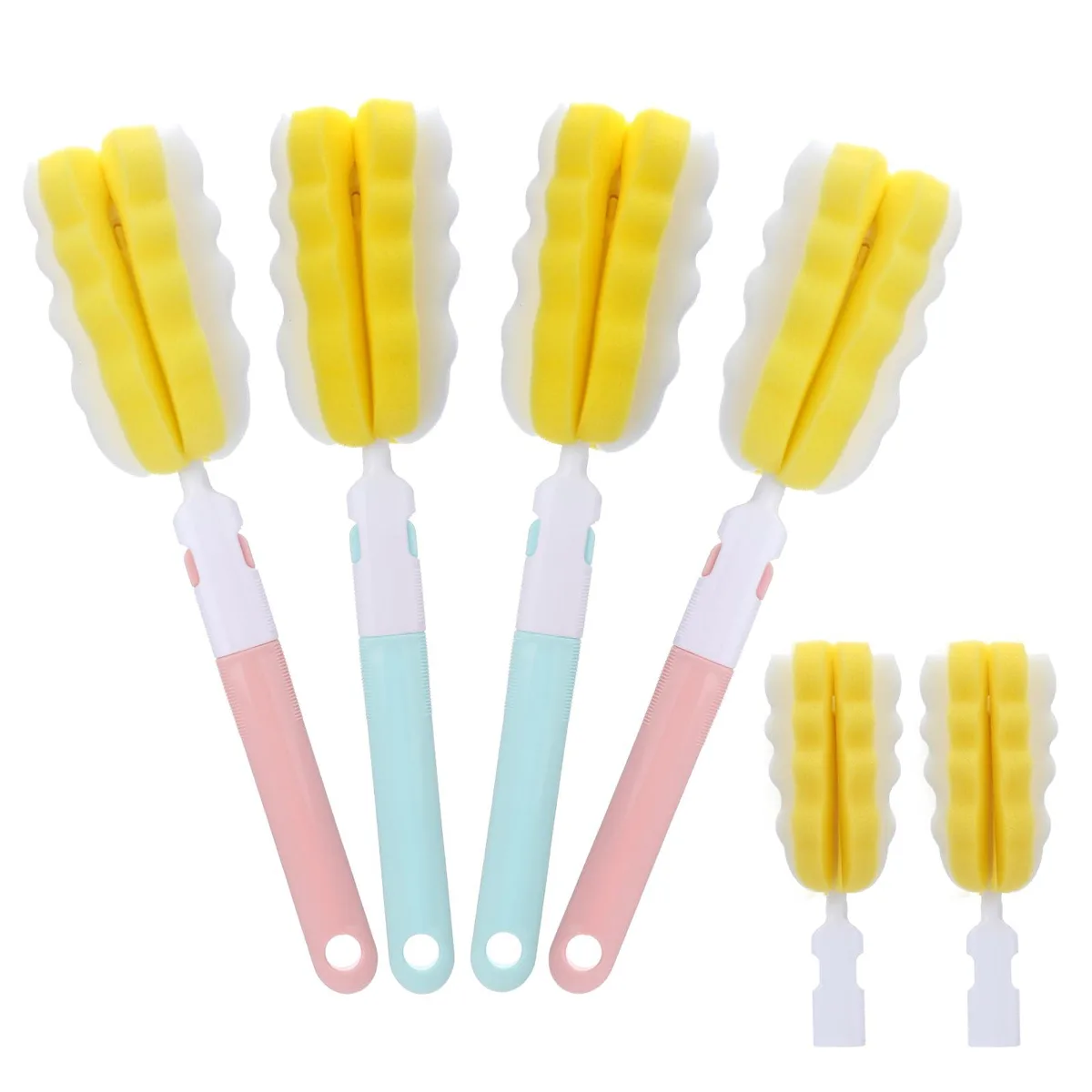 Four bottle brushes with two spare heads, green and pink handles, high-density sponge tips