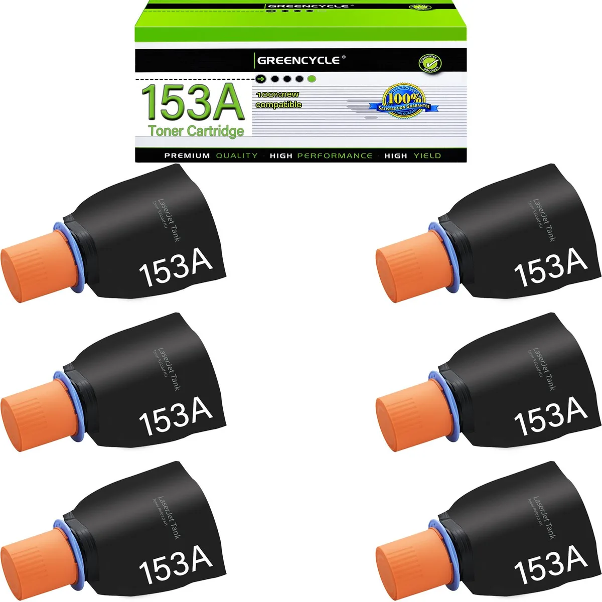 Six black toner reload bottles in a rectangular box