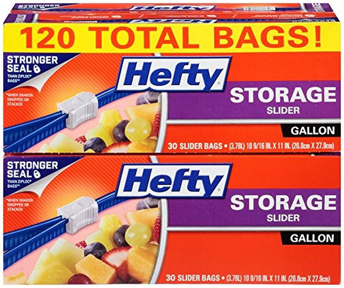 Red silicone gallon food storage bags with zipper seal, pack of four boxes shown together
