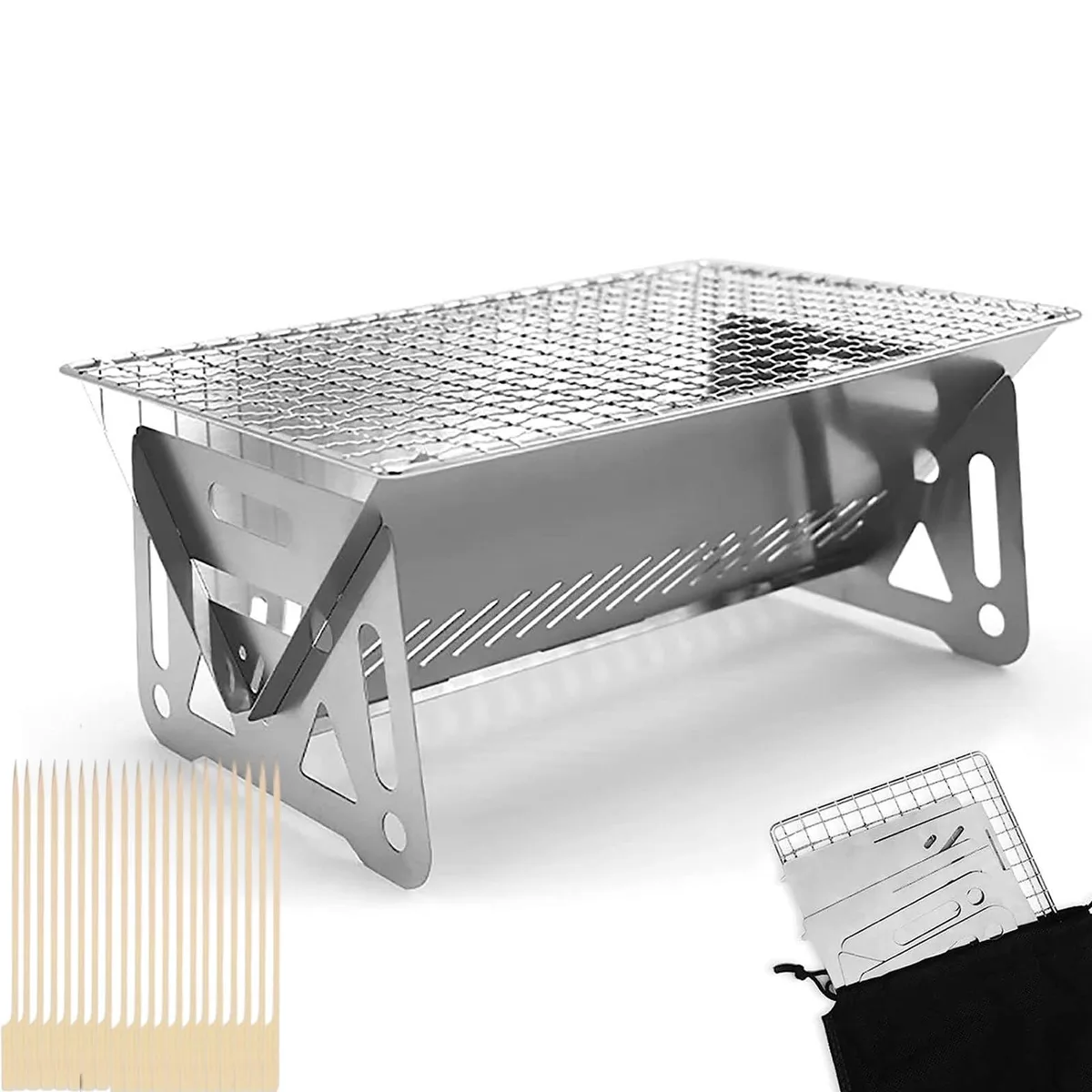  XINJIDUO XJD01 Charcoal BBQ Grill 304 Stainless Steel 4.8x6.3x8.7in 0.39kg with 20 Bamboo Sticks — product photo