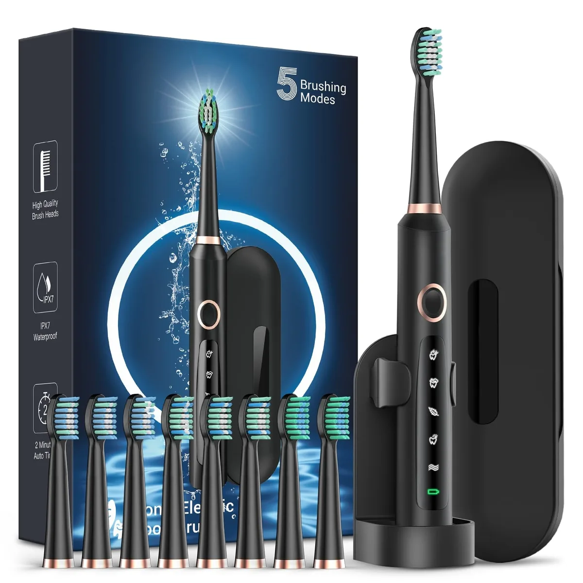 Black sonic electric toothbrush with travel case and multiple brush heads
