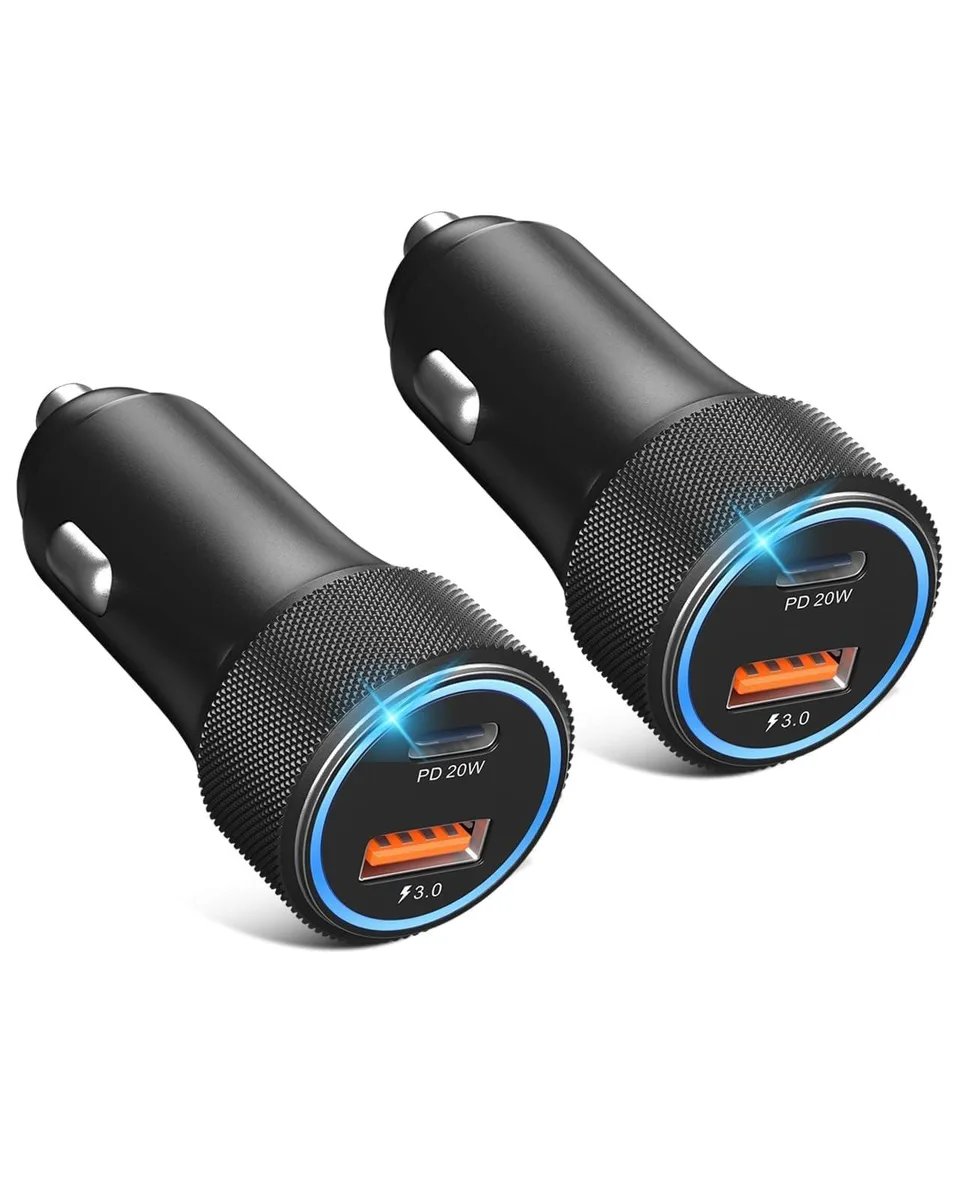 Two small aluminium car chargers with USB-A and USB-C ports and a blue LED ring