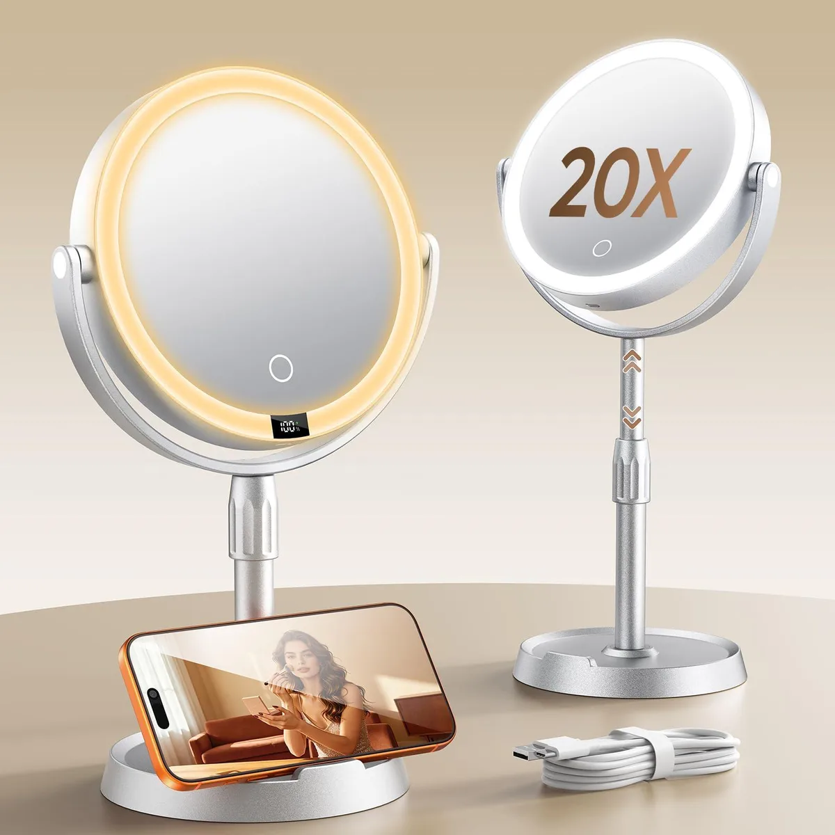  7" ABS Lighted Makeup Mirror 1X/20X Digital Display 2.6in Adjustable Rechargeable Gray — product photo