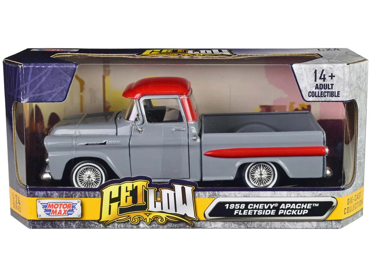 MOTORMAX MOTORMAX 1958 Chevrolet Apache Fleetside Pickup Lowrider Gray Red Top Get Low 1/24 Diecast — product photo