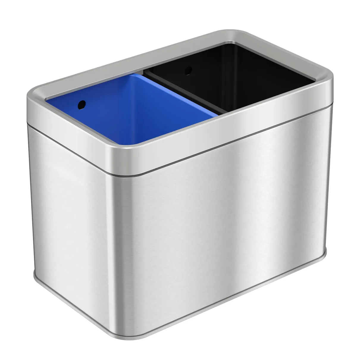 Slim stainless steel dual compartment bin with blue and black removable buckets