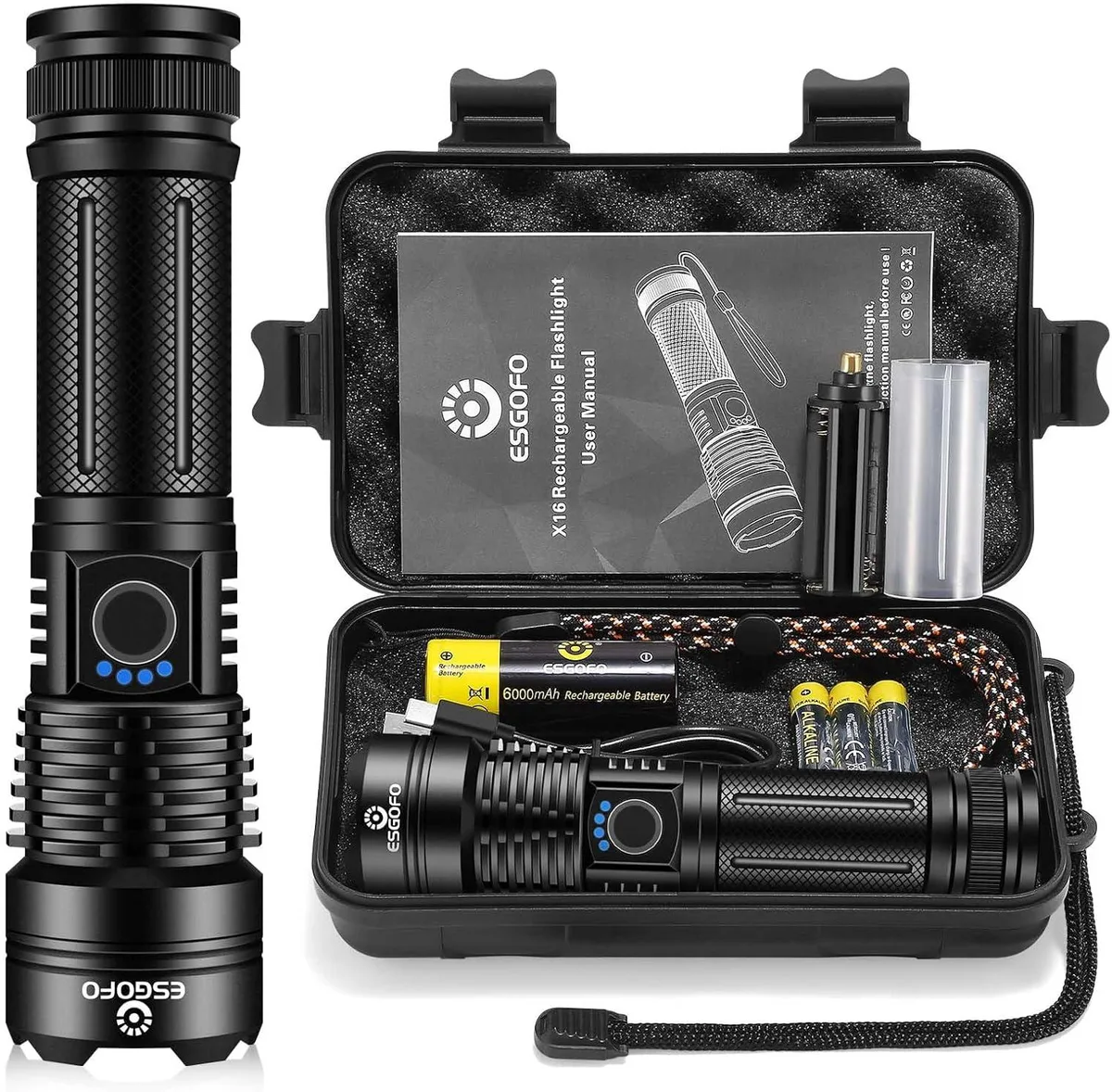 Silver cylindrical flashlight with USB-C port and LED battery indicator