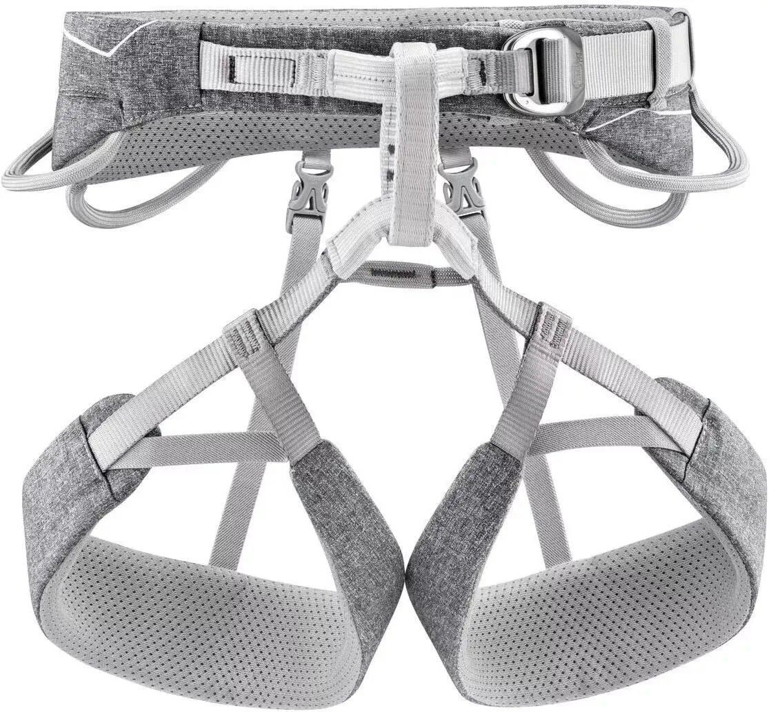 Gray climbing harness with padded waist and leg loops, four gear loops, aluminum buckles