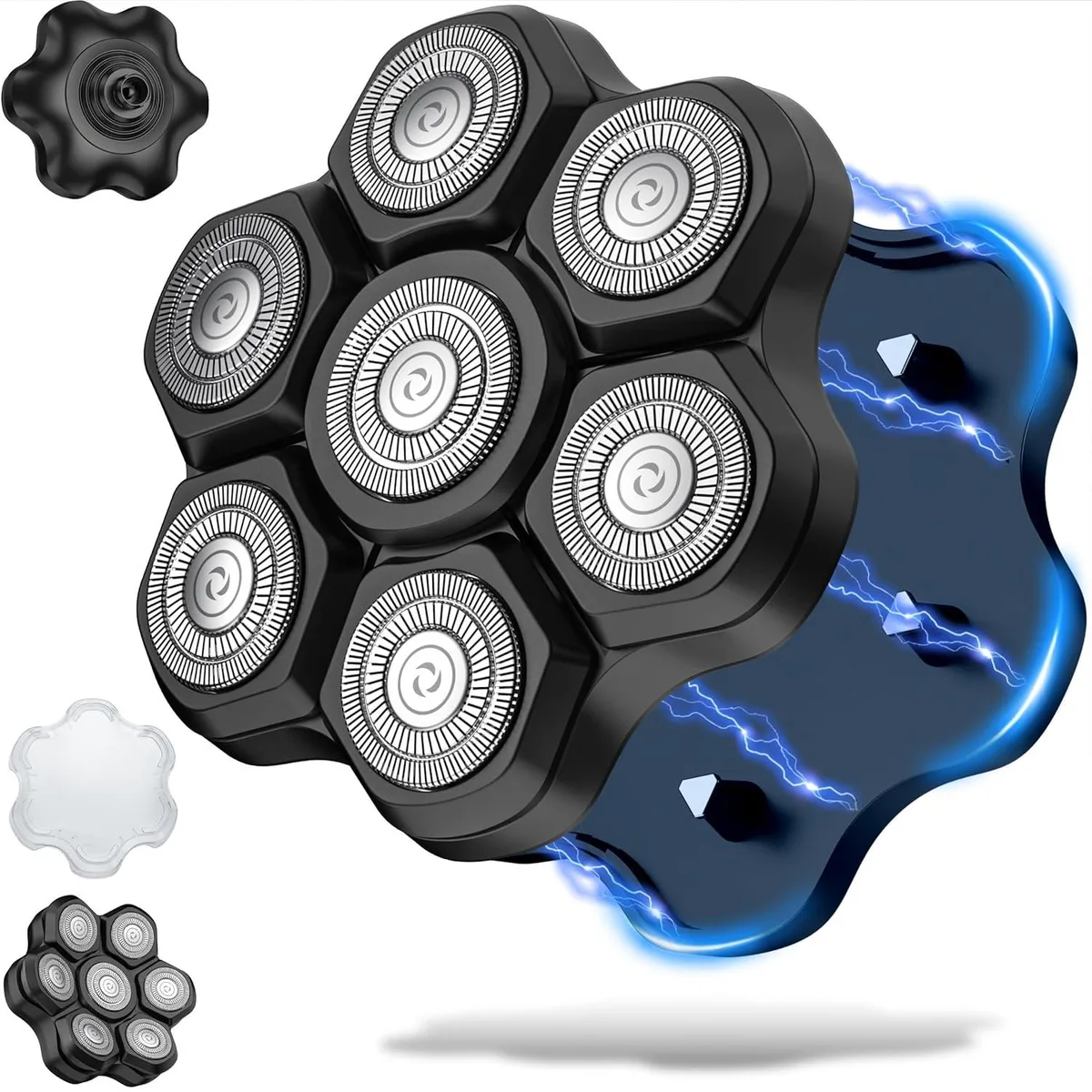Black rotary shaver head with seven double-ring blades in circular array