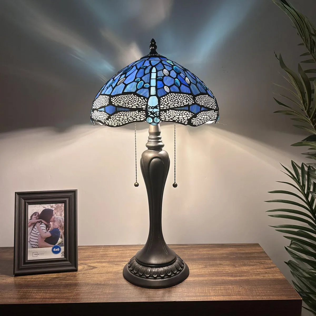 XIN CHENG TIFFANY LIGHTING XIN CHENG TIFFANY LIGHTING Tiffany Style Table Lamp Blue Stained Glass Dragonfly 12"W 22"H — product photo