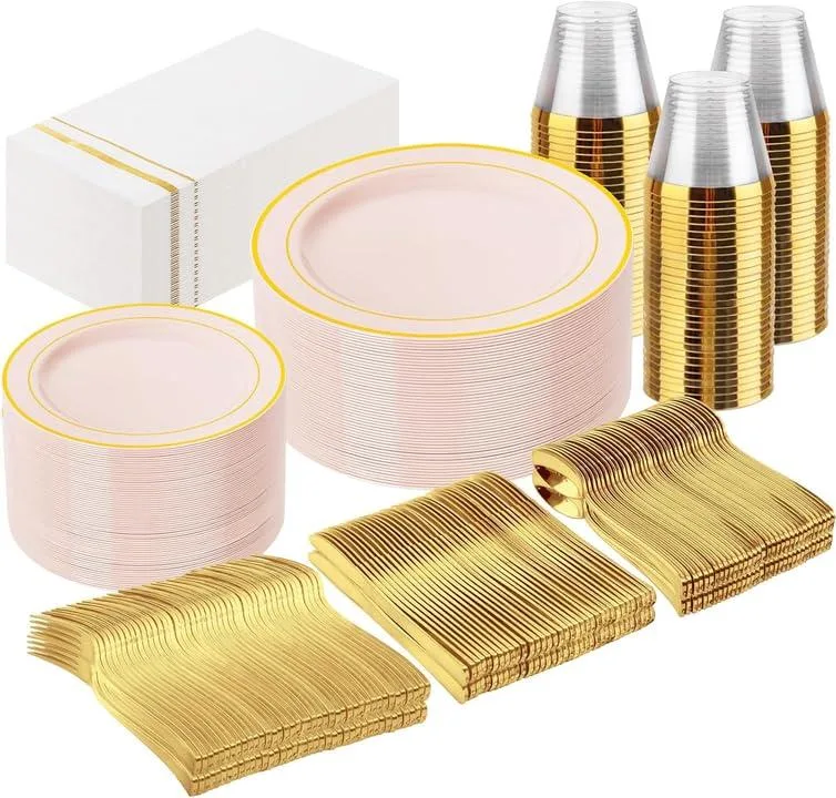 Pink disposable dinnerware set in bulk packaging for 50 guests
