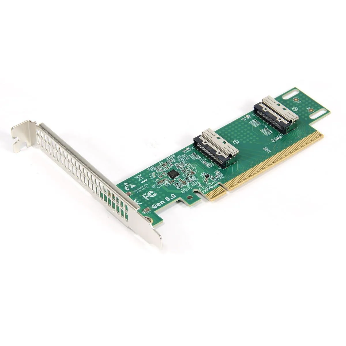 Green PCB with full-length PCIe 16x edge connector and two MCIO 8i ports