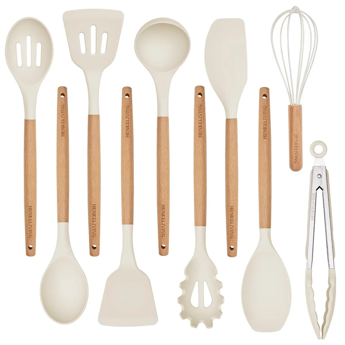 Cream white silicone utensil set with wooden handles, 10 pieces