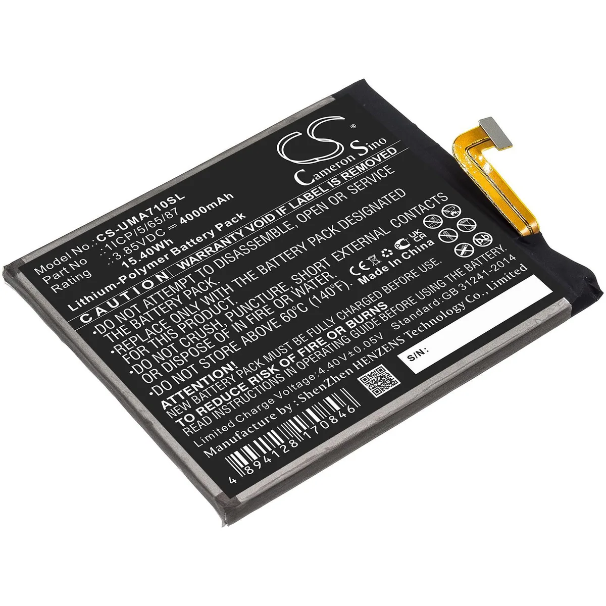 Rectangular slim battery pack, matte black finish, gold contacts visible
