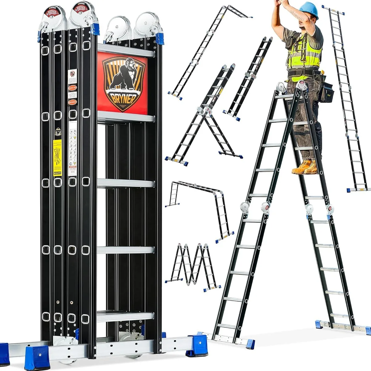 Silver aluminium folding telescoping ladder, 19.6 ft extended, 4.9 ft folded